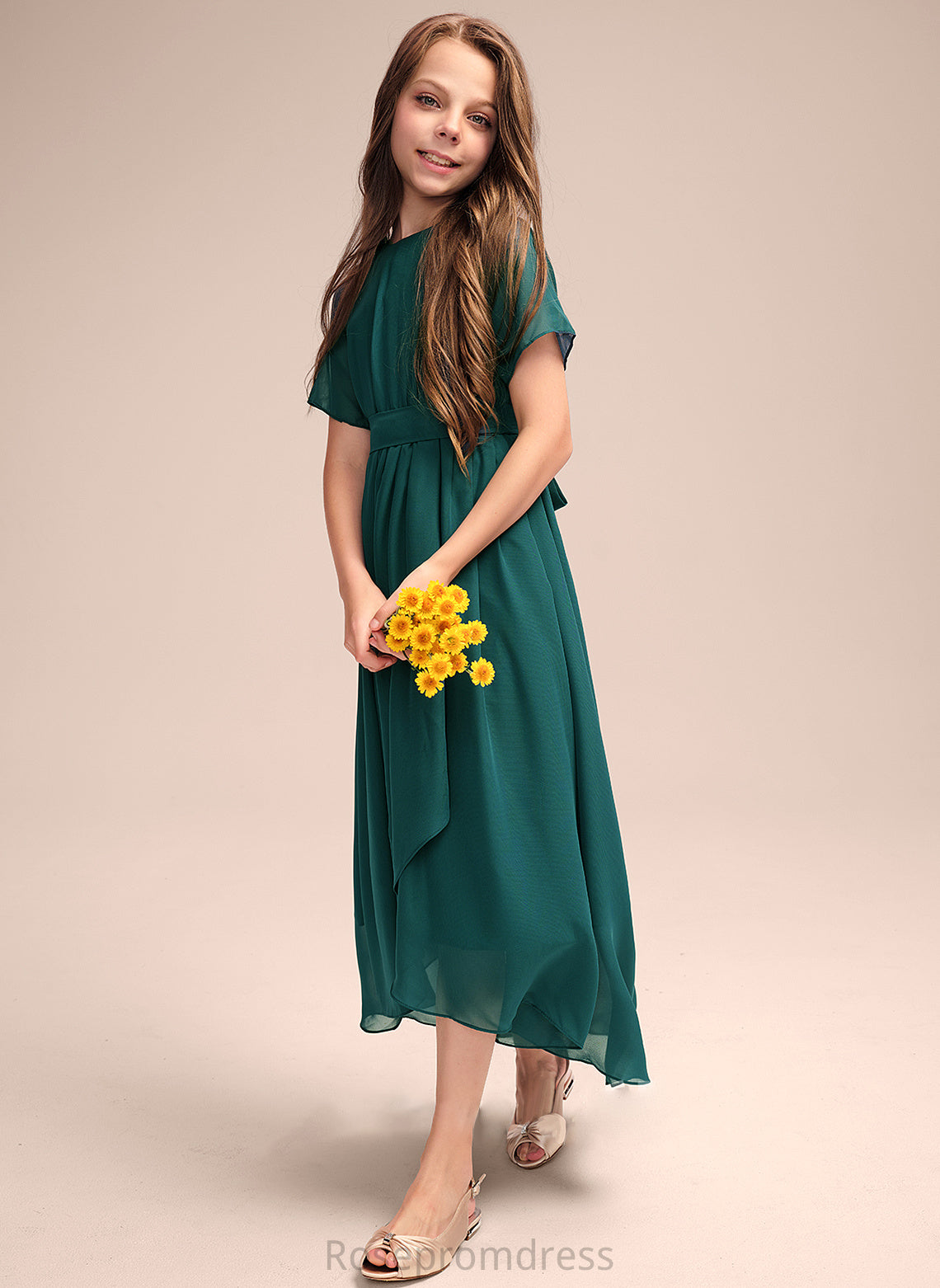 A-Line Bow(s) With Neck Lorelai Junior Bridesmaid Dresses Asymmetrical Chiffon Ruffle Scoop