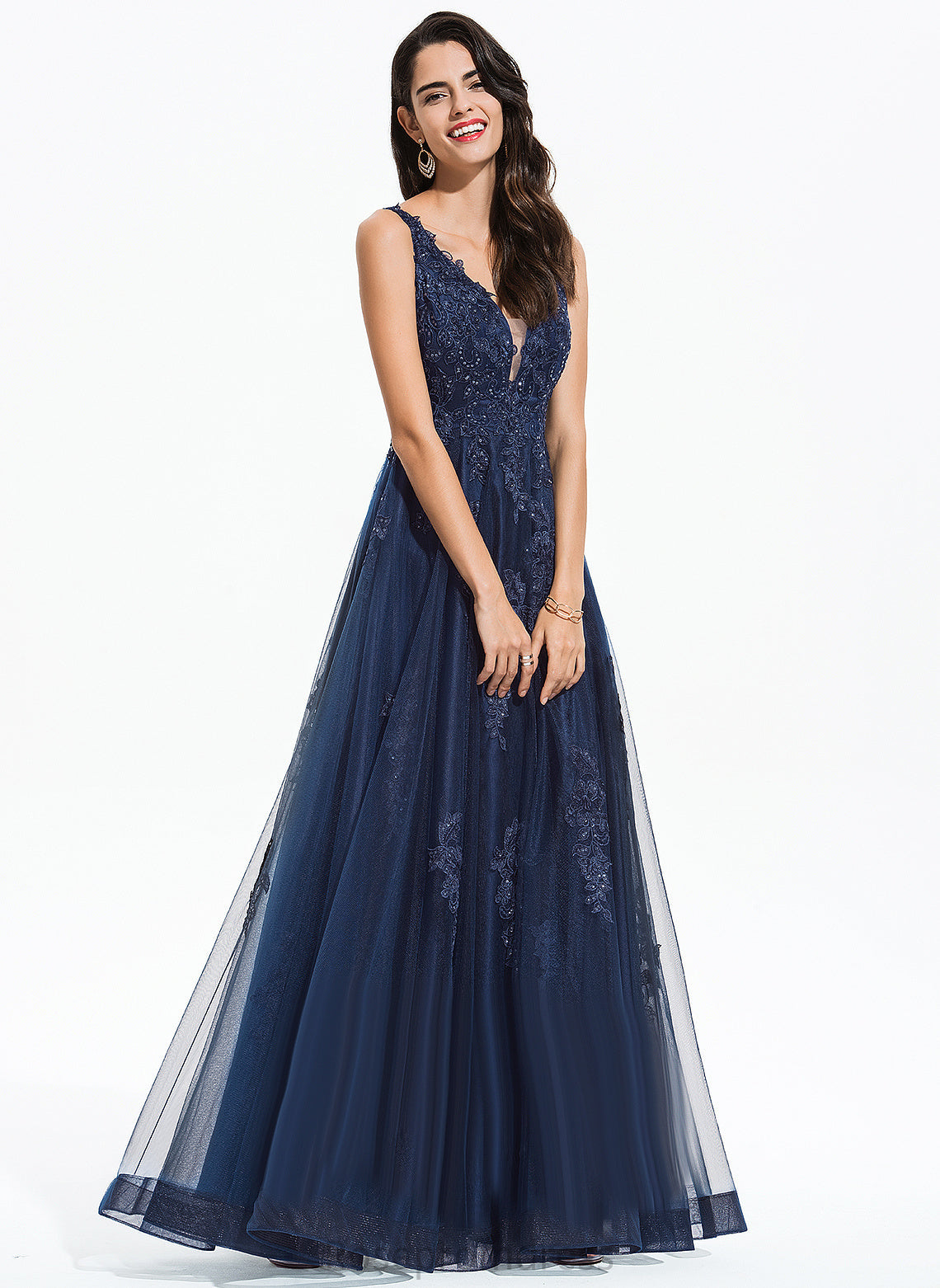 Tulle Sequins Claire Floor-Length With V-neck A-Line Prom Dresses