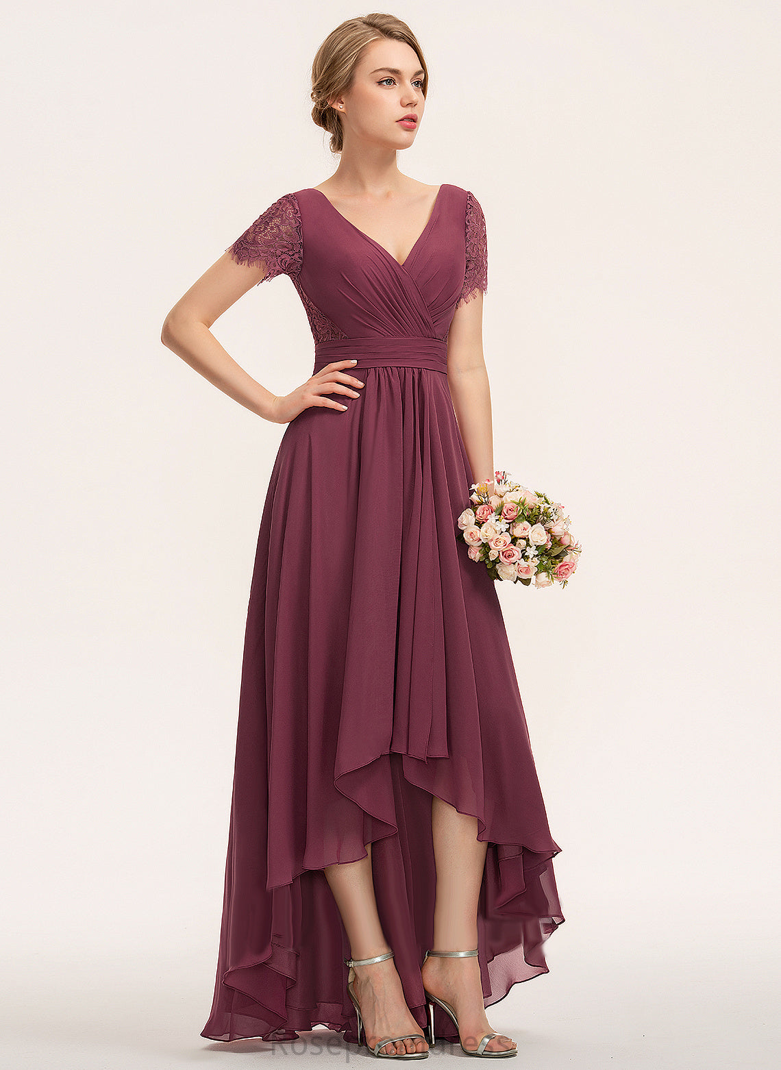 Length Asymmetrical Pleated Silhouette Neckline V-neck Embellishment A-Line Fabric Adeline Bridesmaid Dresses