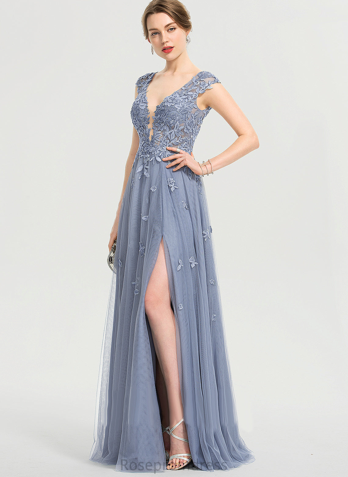 Tulle A-Line Prom Dresses V-neck Camila Sequins With Lace Floor-Length