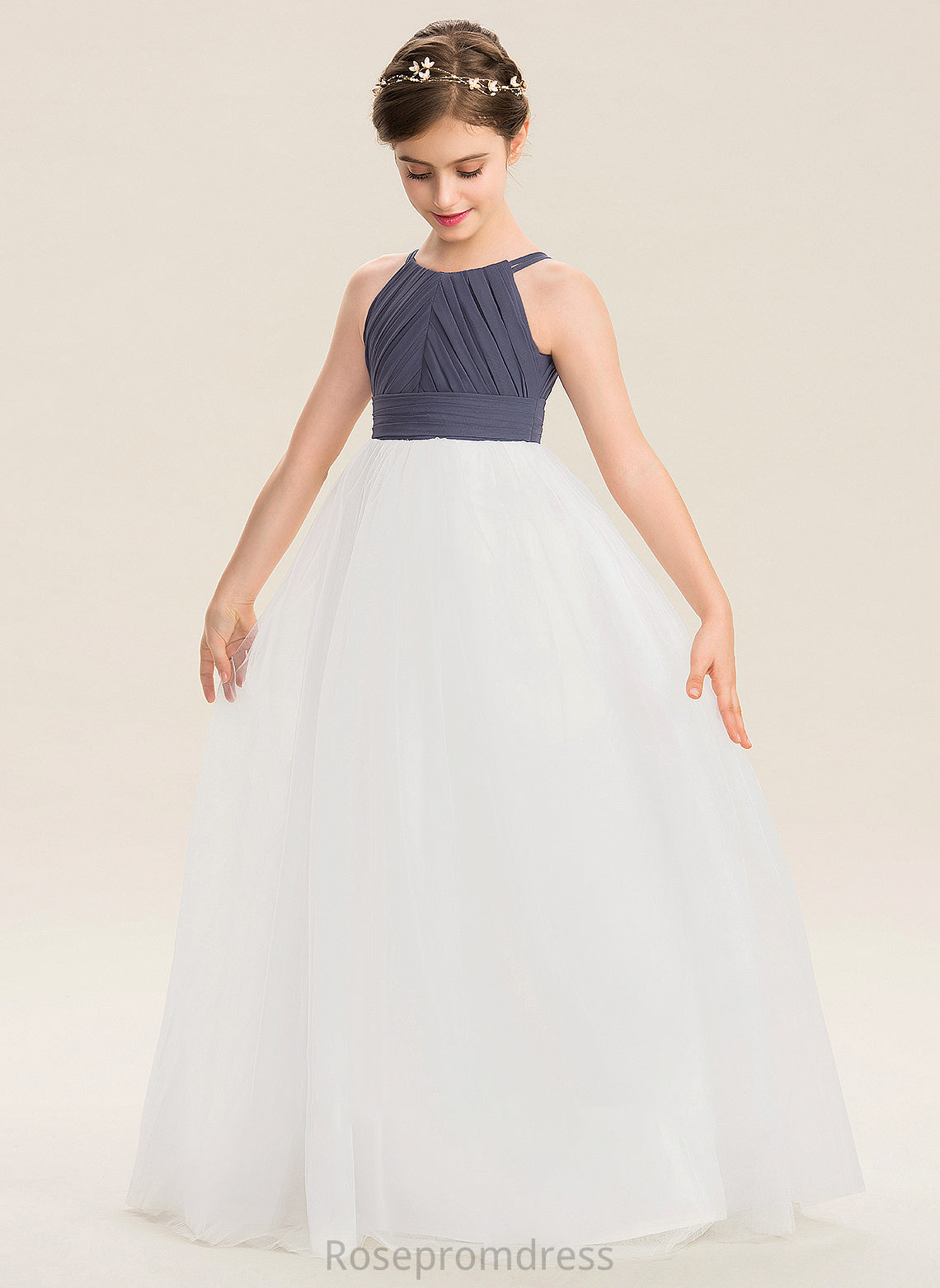 Ruffle A-Line Tulle Junior Bridesmaid Dresses Neck Chiffon Scoop With Paola Floor-Length