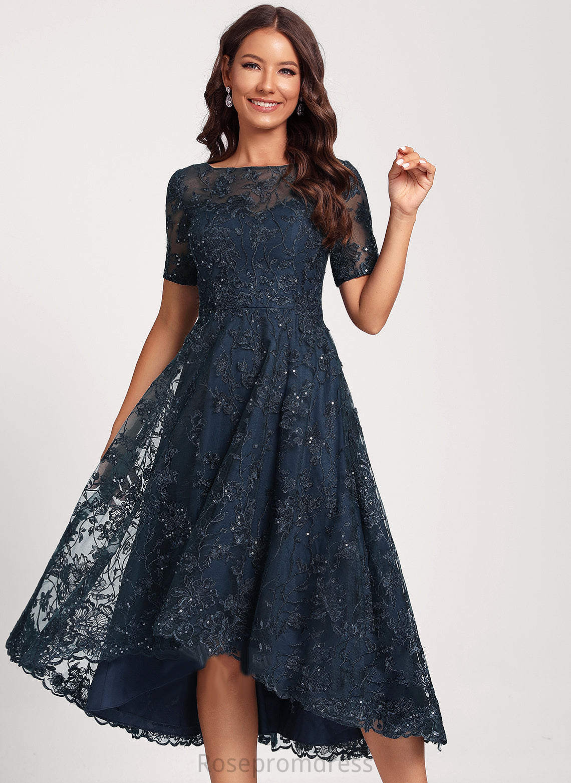 Dress Lace Asymmetrical Sequins Neck Tulle Scoop Cocktail Autumn Club Dresses A-Line With