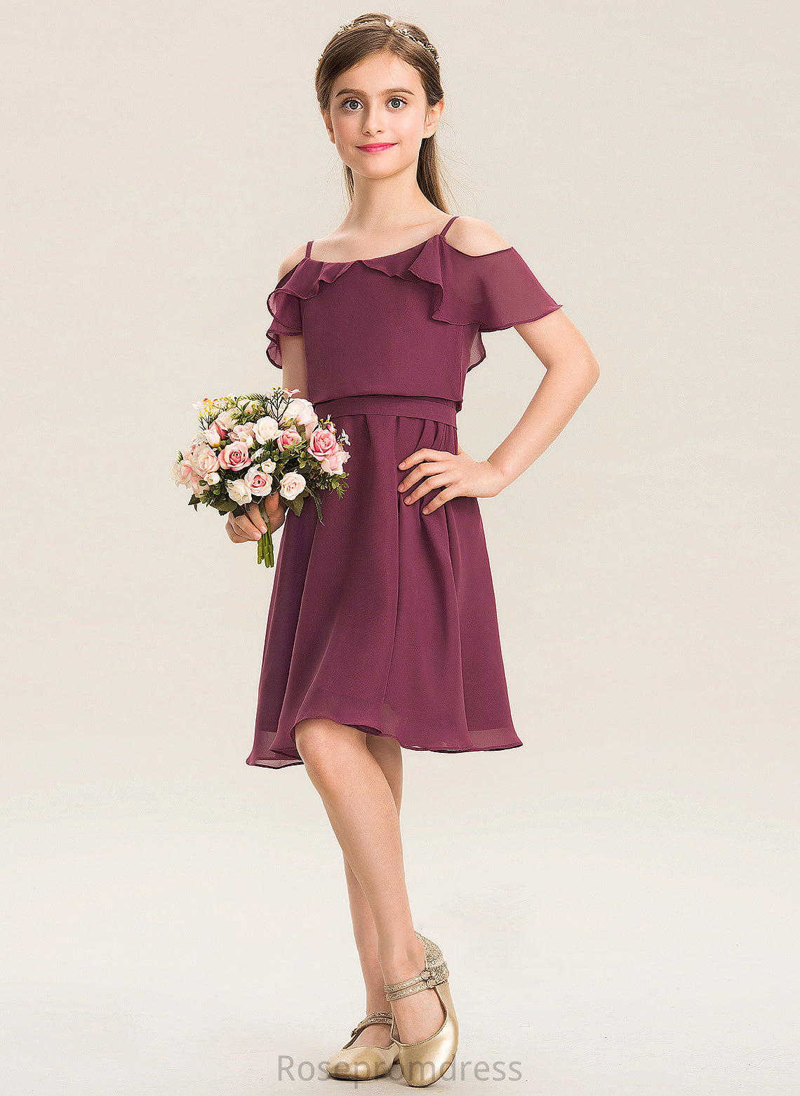 Chiffon Off-the-Shoulder Junior Bridesmaid Dresses A-Line With Ruffles Bow(s) Knee-Length Cascading Aurora