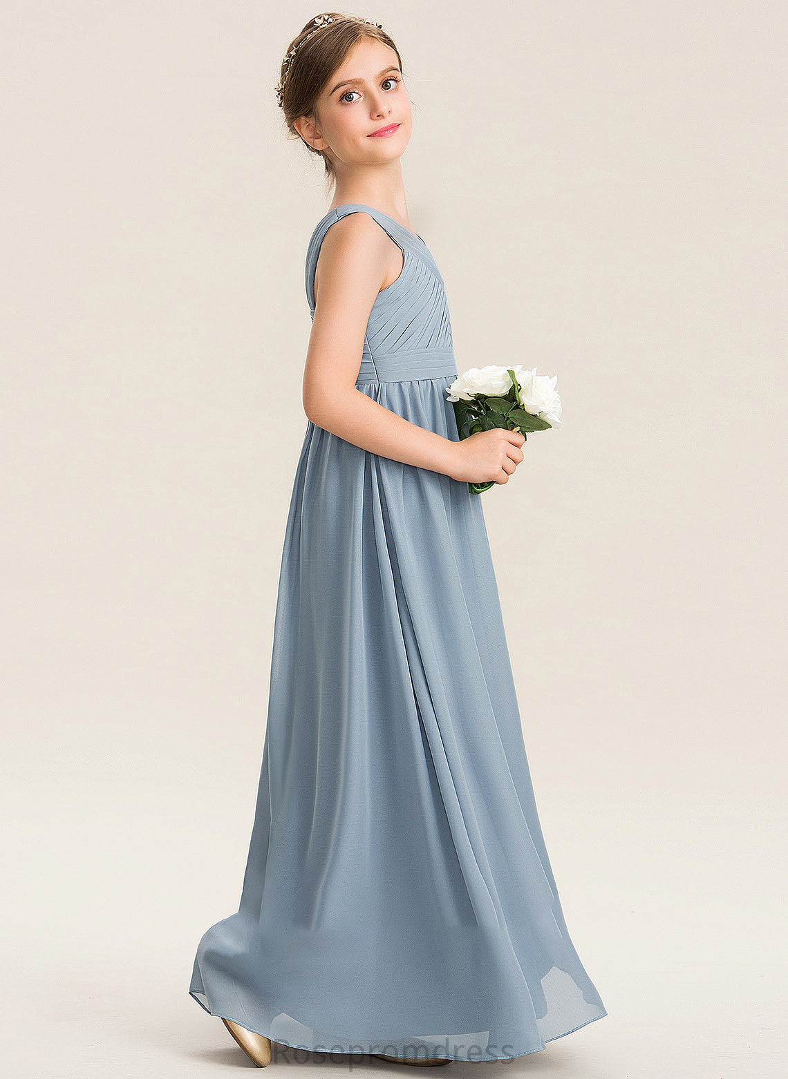 Junior Bridesmaid Dresses With Ruffle A-Line Floor-Length V-neck Chiffon Shyla