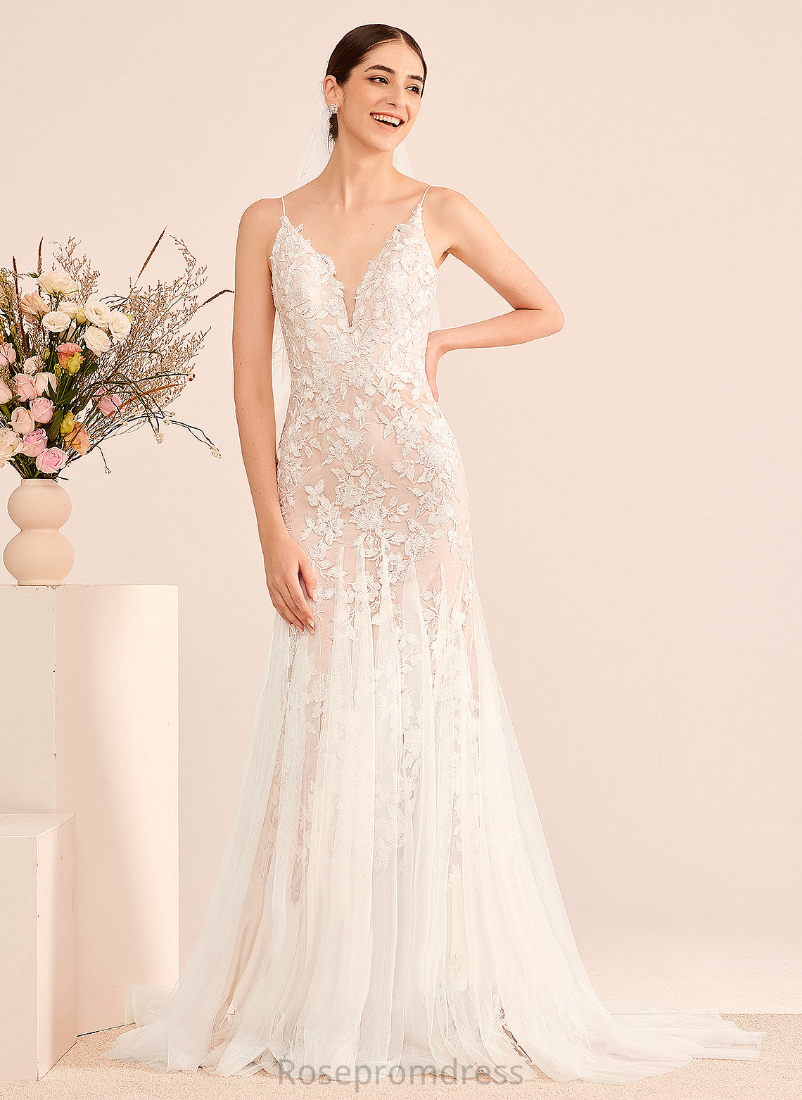 Train With Court Wedding Dresses Jimena Wedding Dress Tulle Trumpet/Mermaid V-neck Lace Lace