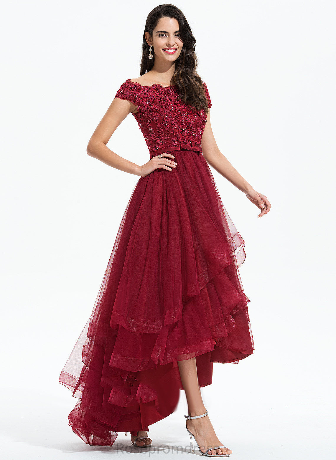 A-Line Lace With Bow(s) Dress Homecoming Dresses Off-the-Shoulder Jo Homecoming Beading Tulle Asymmetrical