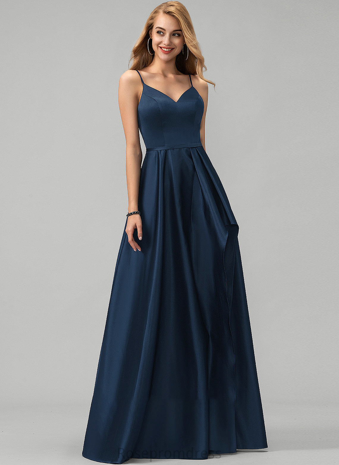 Front With Prom Dresses Split Lesley Floor-Length Cascading V-neck Ruffles Satin A-Line