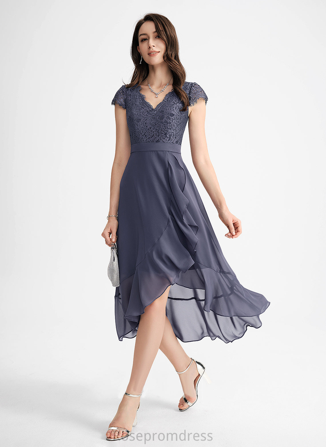 V-neck Cascading Lace Chiffon Dress Asymmetrical With Rose Cocktail Dresses Ruffles A-Line Cocktail