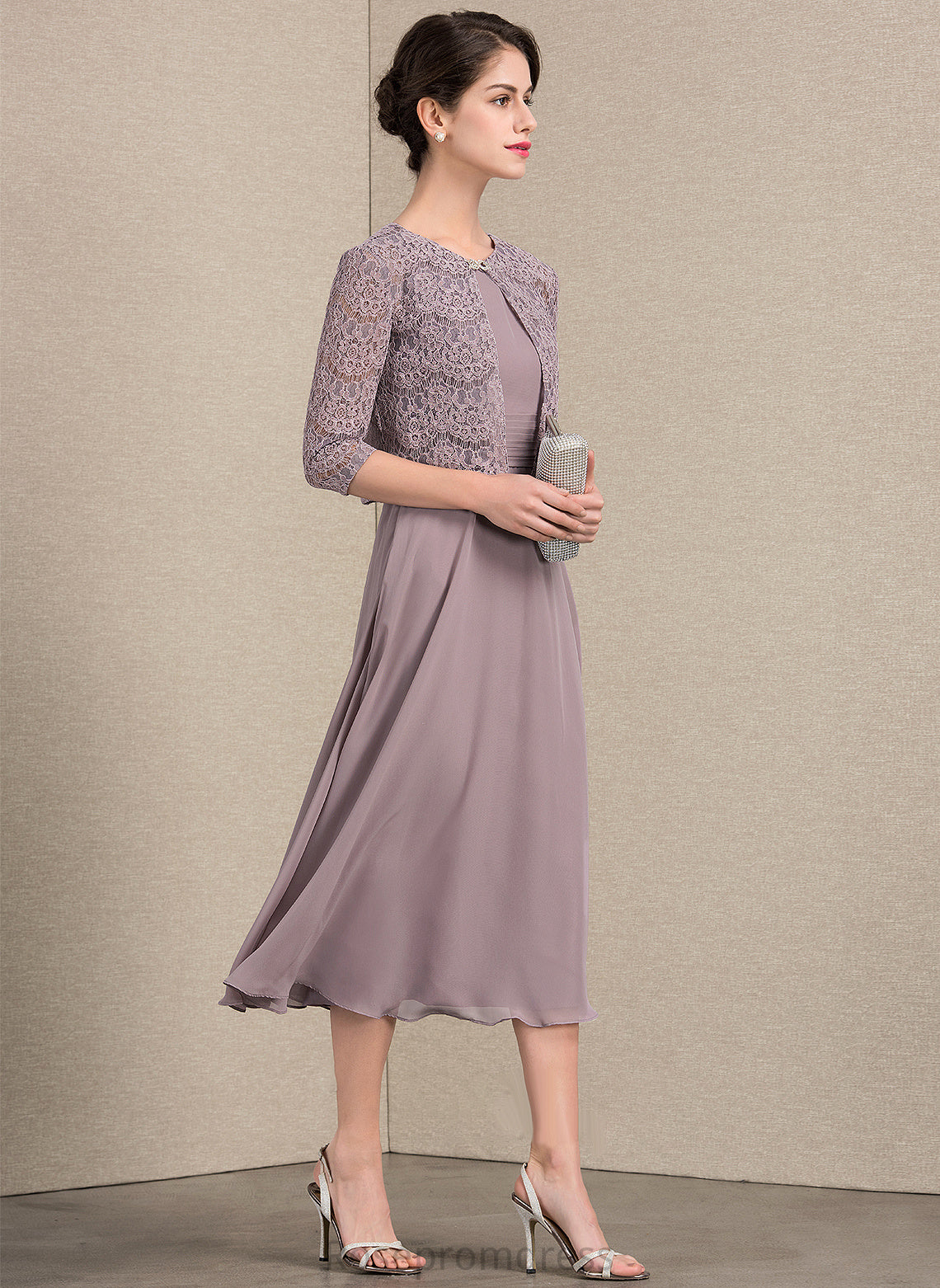 the Tea-Length Bride Mother A-Line Chiffon Neck Dress Ruffle With Kamila of Mother of the Bride Dresses Scoop