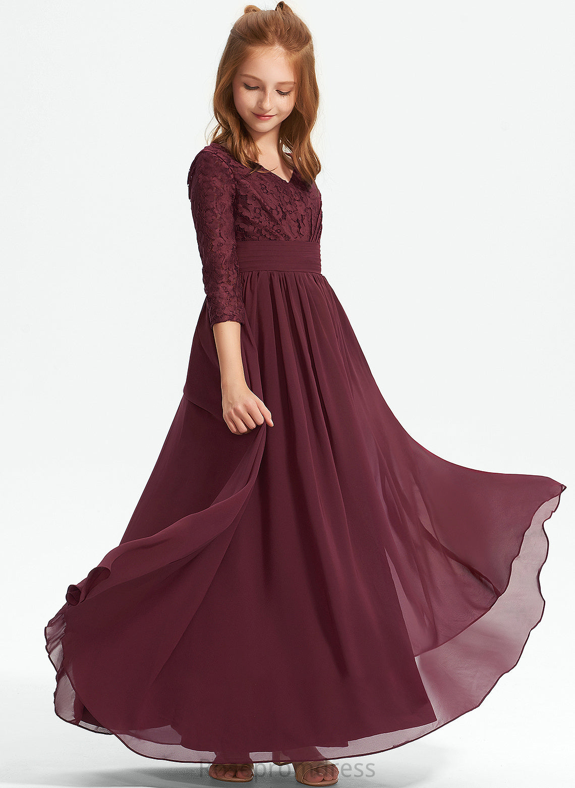 Lace Junior Bridesmaid Dresses A-Line V-neck Lilyana Chiffon Floor-Length