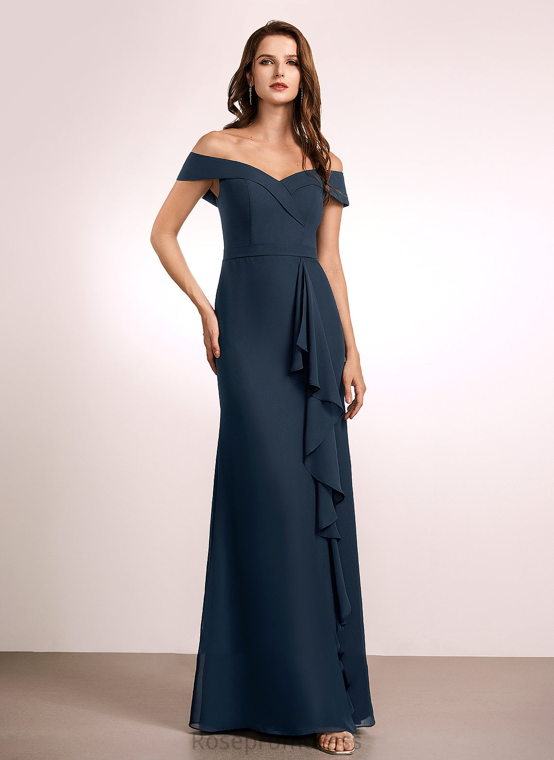 Embellishment Ruffle Floor-Length Neckline Fabric Length Off-the-Shoulder A-Line Silhouette Martha A-Line/Princess Sleeveless Bridesmaid Dresses