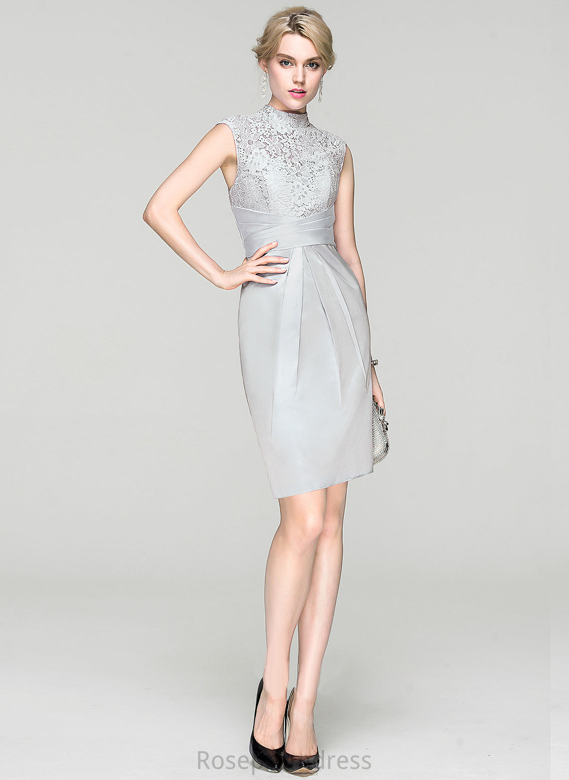 Lace Dress Cocktail Neck High Charmeuse With Knee-Length Sheath/Column Monserrat Ruffle Cocktail Dresses