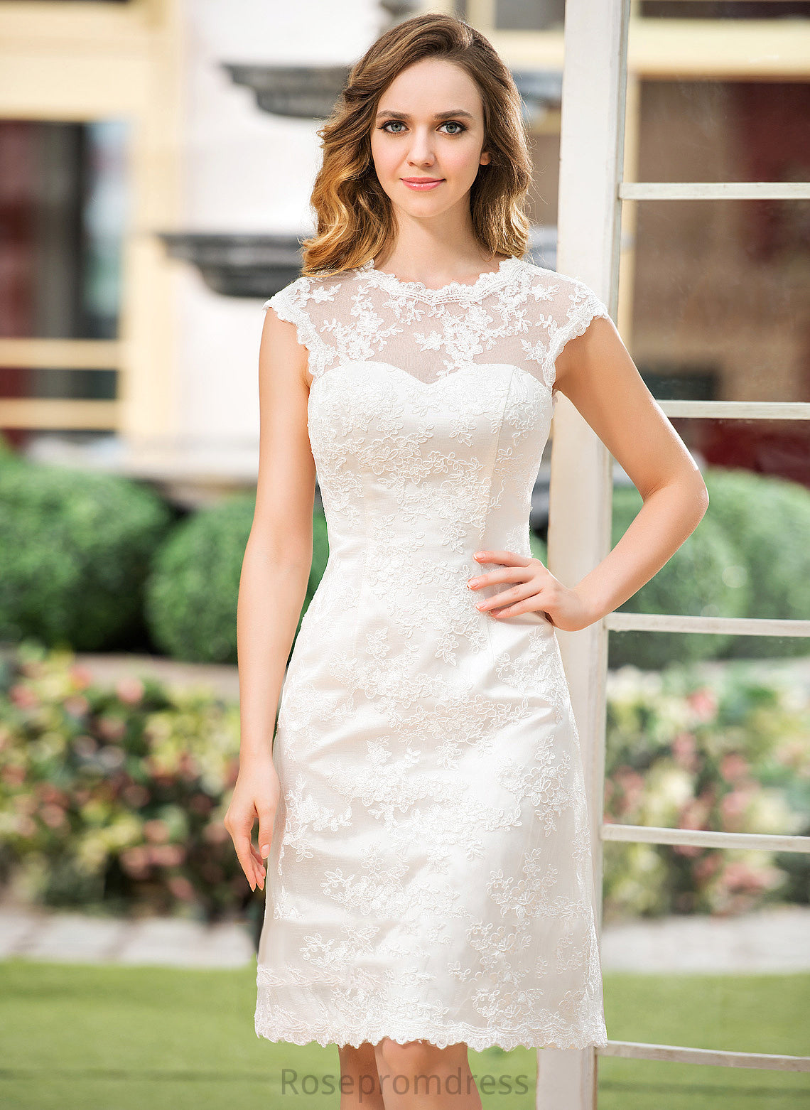 Lace Wedding Satin Knee-Length Dress Wedding Dresses Olympia Neck A-Line Scoop