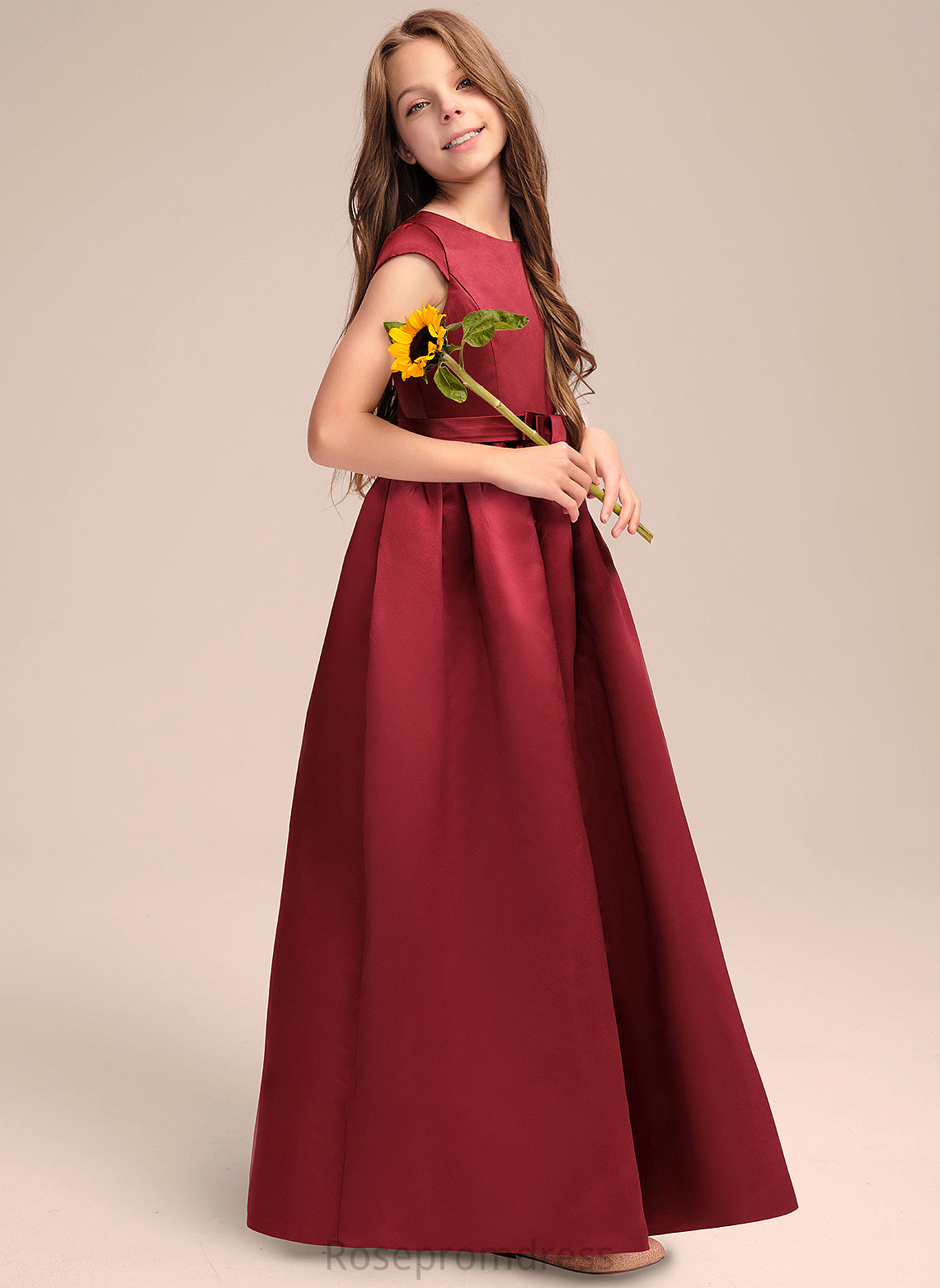 Bow(s) A-Line Junior Bridesmaid Dresses Floor-Length Pockets Satin Neck With Teresa Scoop