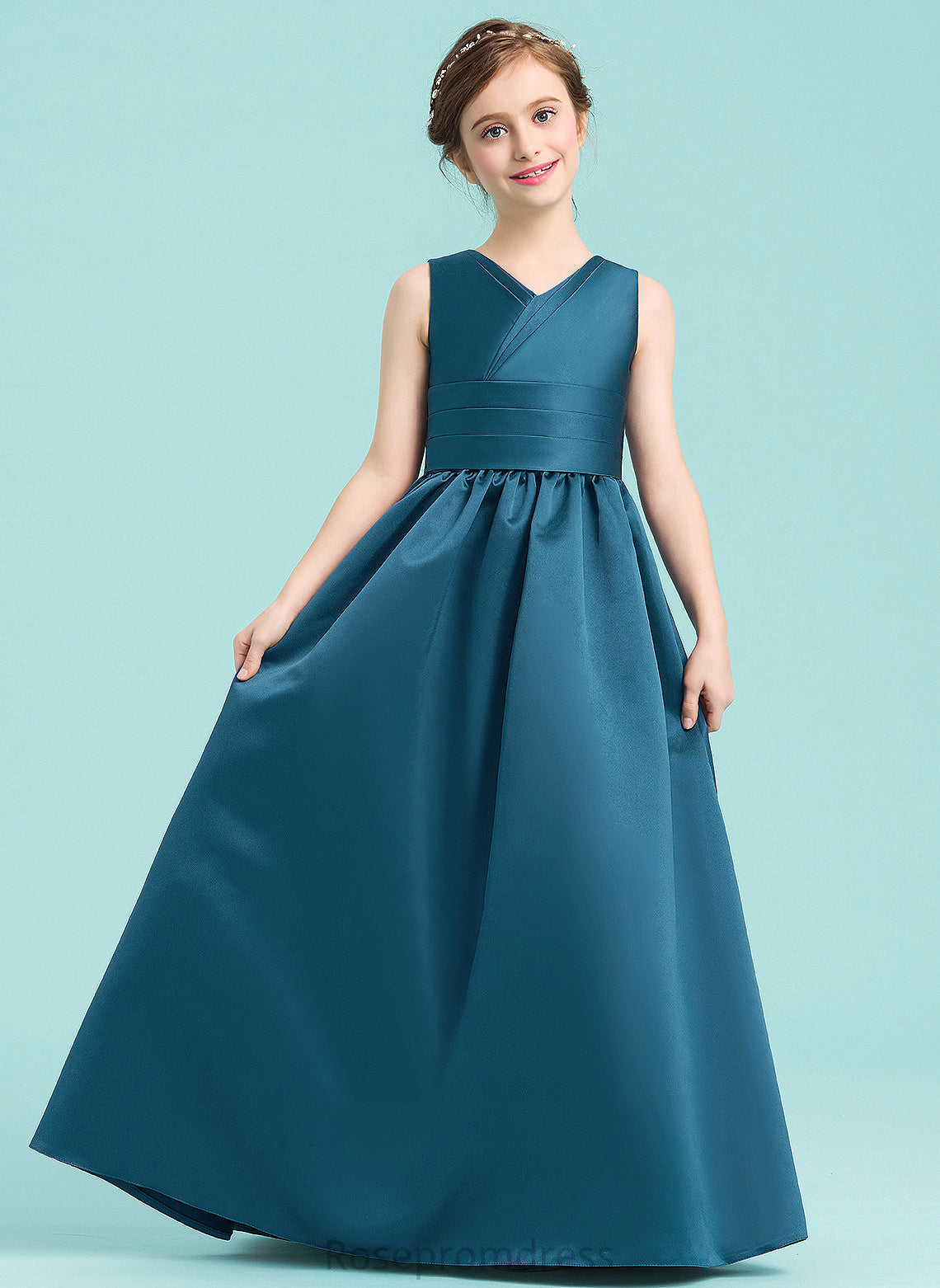 Floor-Length V-neck Chaya Junior Bridesmaid Dresses Satin With Ruffle Ball-Gown/Princess