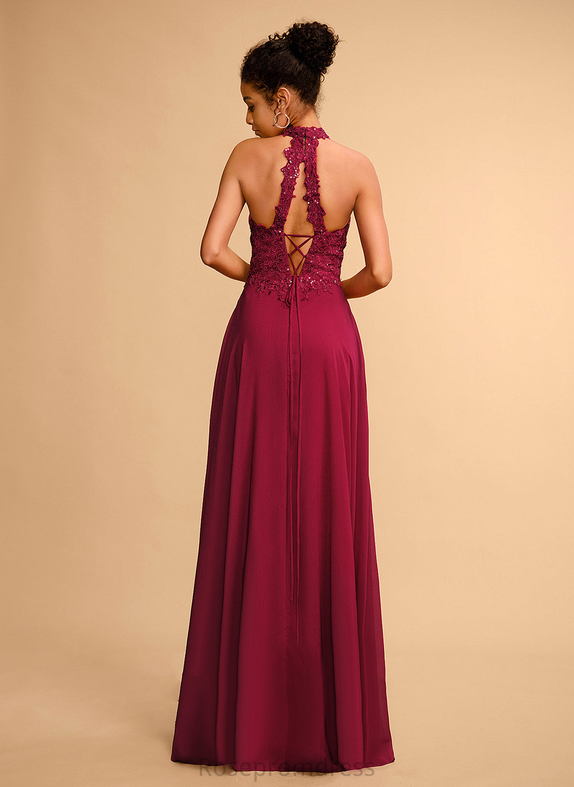 Chiffon A-Line Halter Lace Prom Dresses With Floor-Length Sequins Charlize