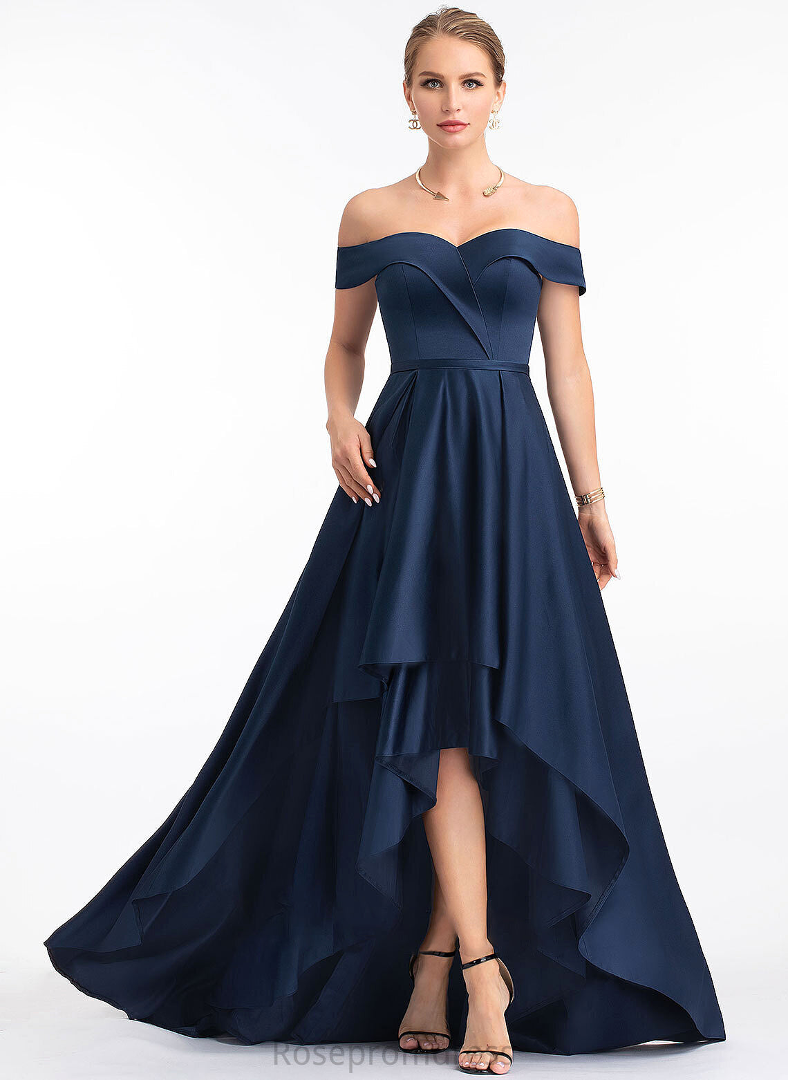 Ball-Gown/Princess Asymmetrical Liliana Satin Off-the-Shoulder Prom Dresses