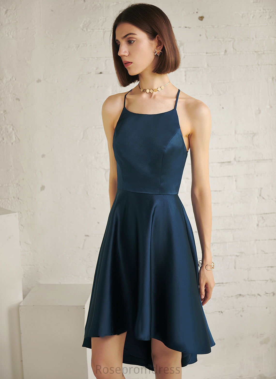 A-line Paula Elegant Square Neck Dresses Asymmetrical Club Dresses Satin Sleeveless