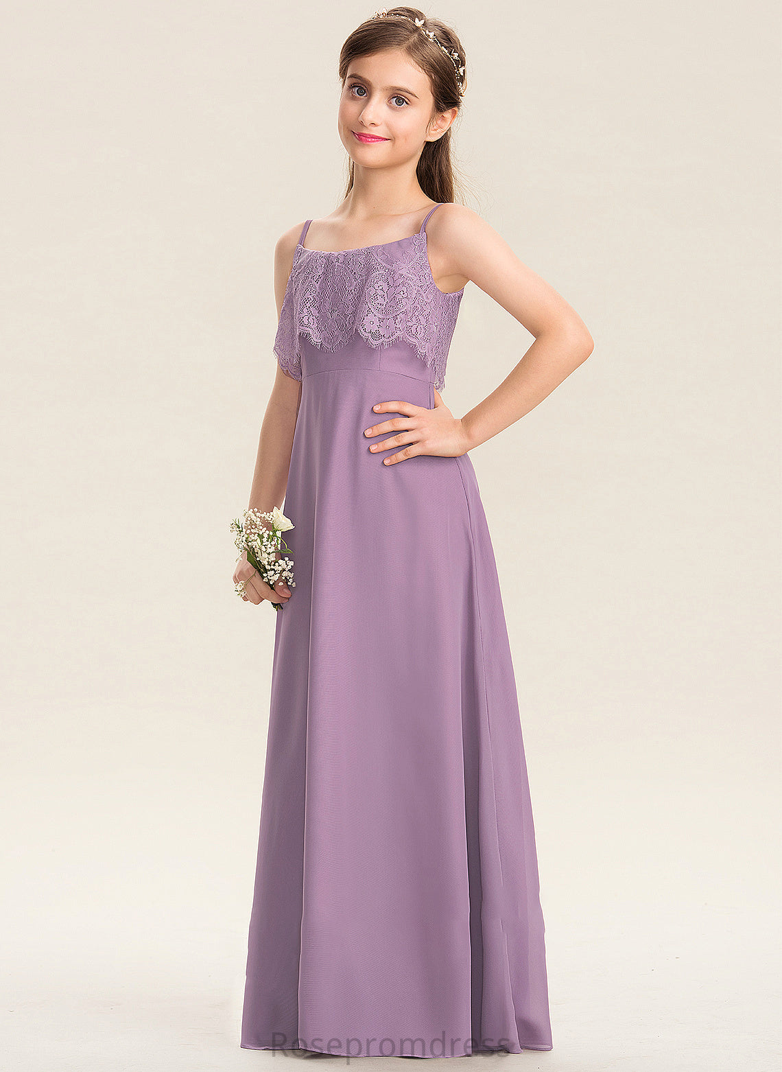 A-Line Neckline Chiffon Lace Floor-Length Alexandria Junior Bridesmaid Dresses Square