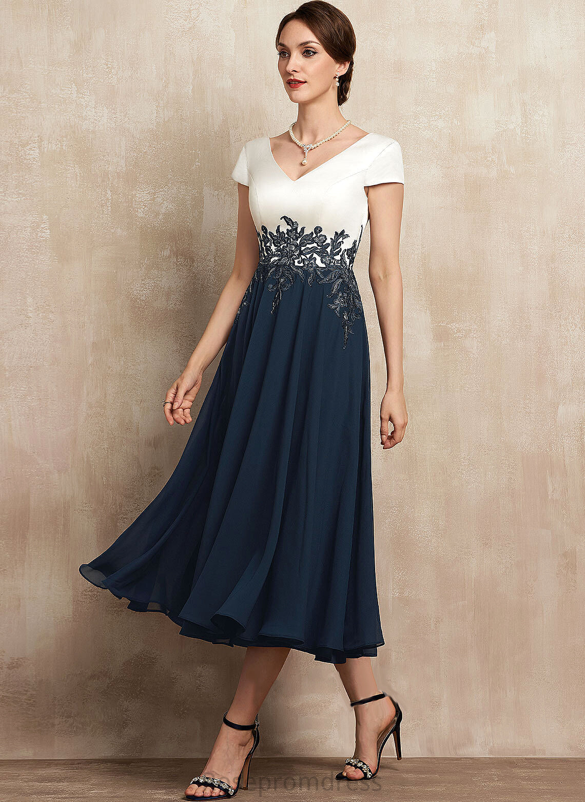 Tea-Length Chiffon Satin Tatum Cocktail Dresses Dress Lace V-neck Cocktail A-Line