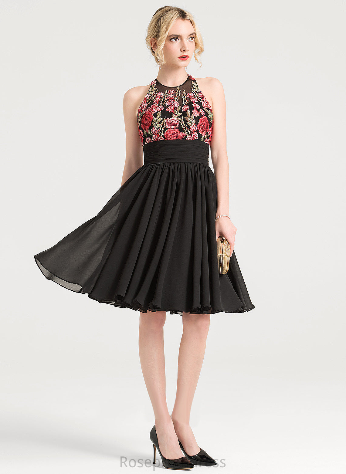 Angie Lace Cocktail Neck Scoop Dress Knee-Length Chiffon With Appliques A-Line Cocktail Dresses