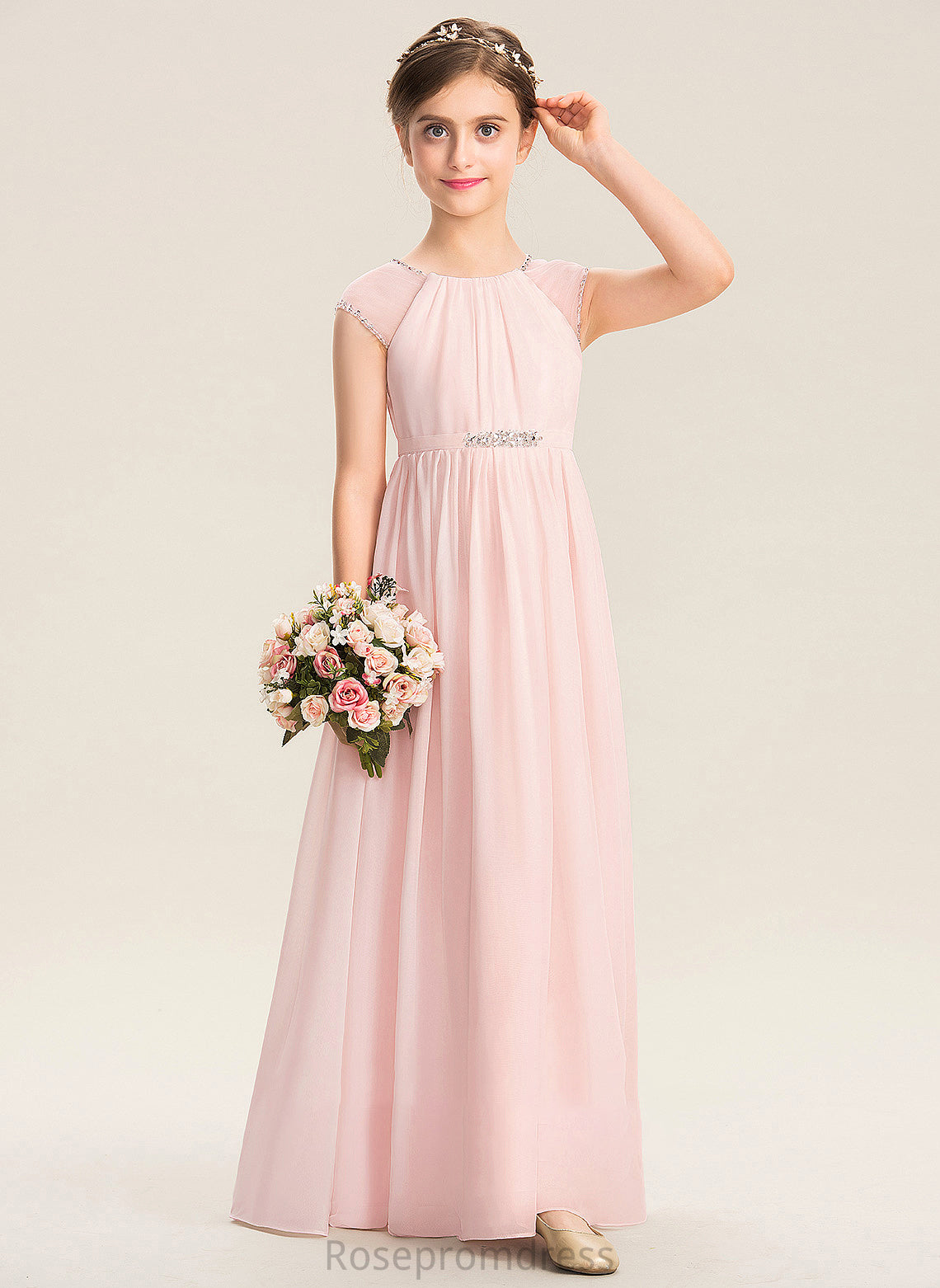 With A-Line Gracelyn Floor-Length Scoop Beading Neck Sequins Chiffon Junior Bridesmaid Dresses