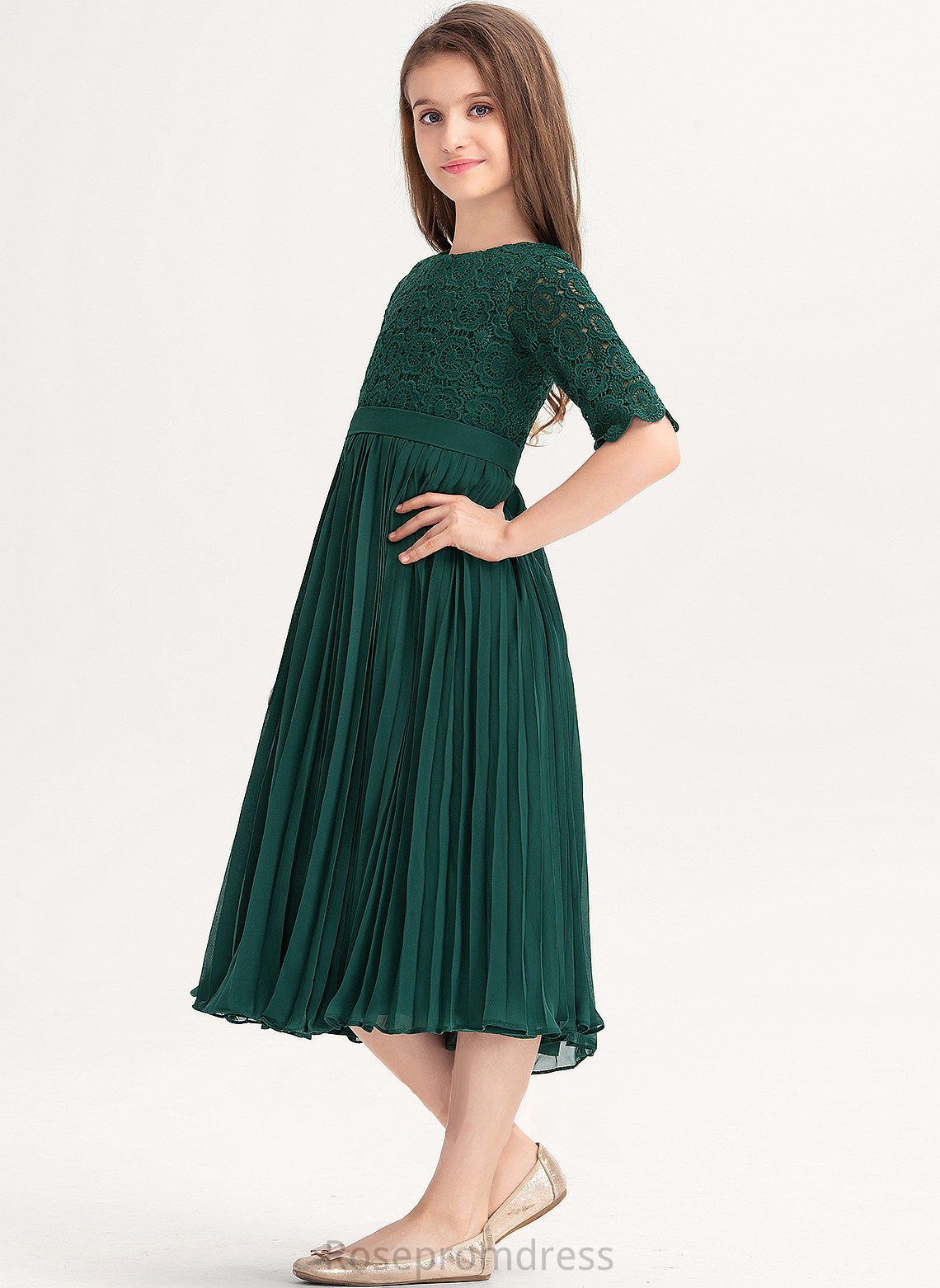 Neck A-Line Fiona With Tea-Length Junior Bridesmaid Dresses Scoop Chiffon Pleated Lace