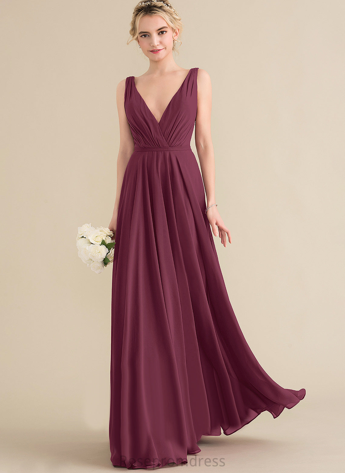 A-Line Floor-Length Pleated Chiffon Prom Dresses V-neck With Violet