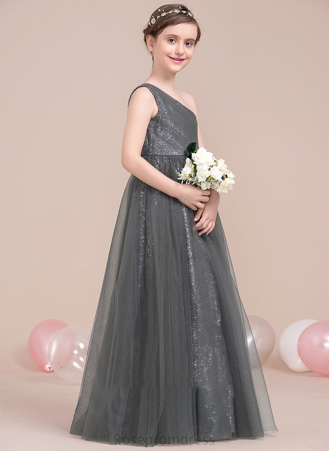 A-Line Junior Bridesmaid Dresses Tulle Ruffle Sequined One-Shoulder With Floor-Length Camille