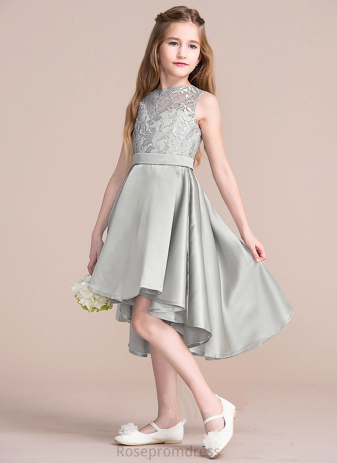 Junior Bridesmaid Dresses Neck Scoop Satin Asymmetrical Angelina A-Line