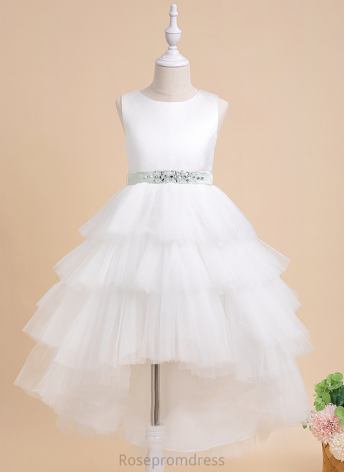 Flower Girl Dresses sash) Valentina Tulle Neck Asymmetrical Dress Scoop Sleeveless Flower With Ball-Gown/Princess (Detachable Sash/Beading Girl -