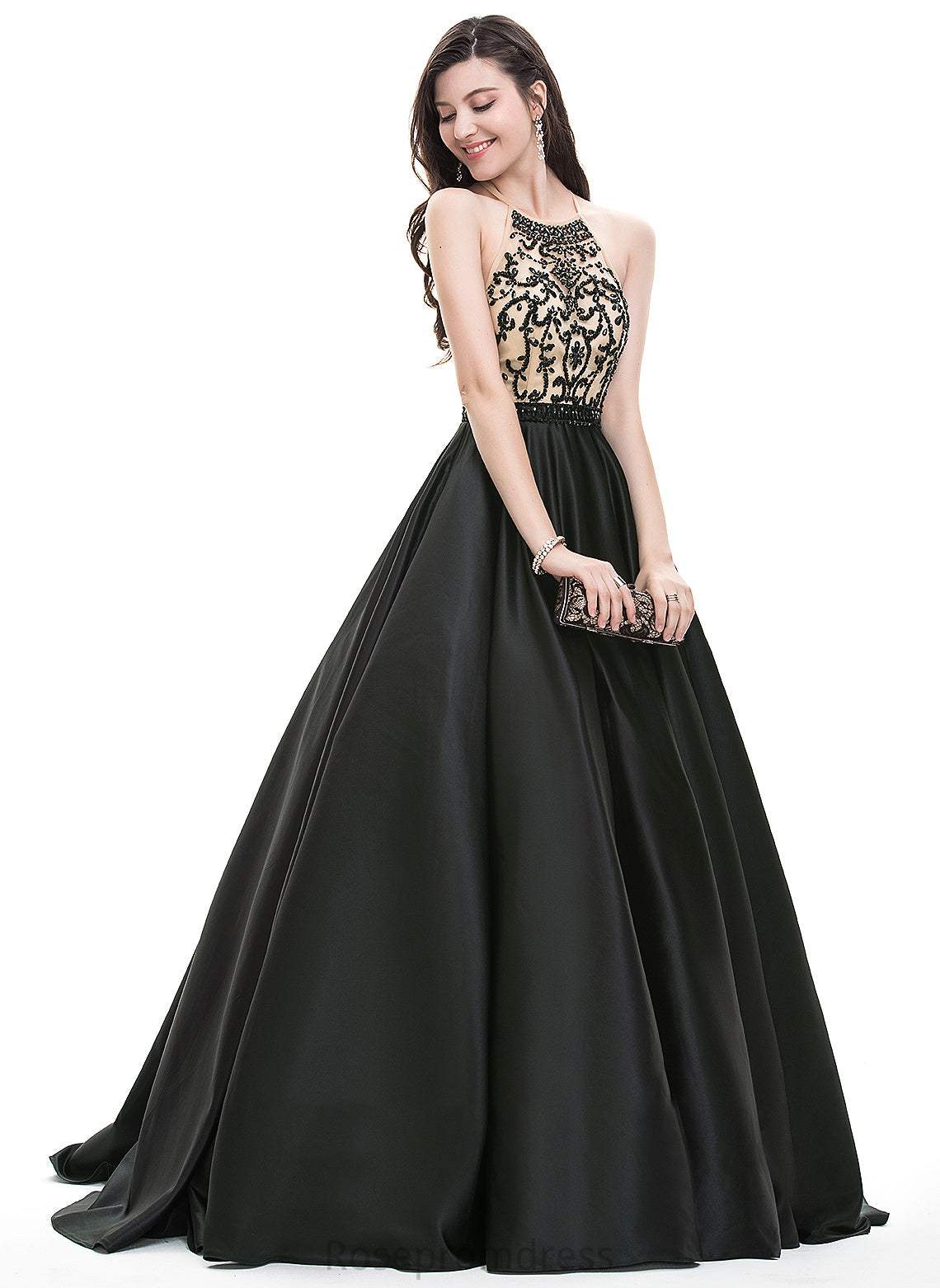 Train Satin Neck Sasha Sequins Sweep With Beading Prom Dresses Scoop Ball-Gown/Princess