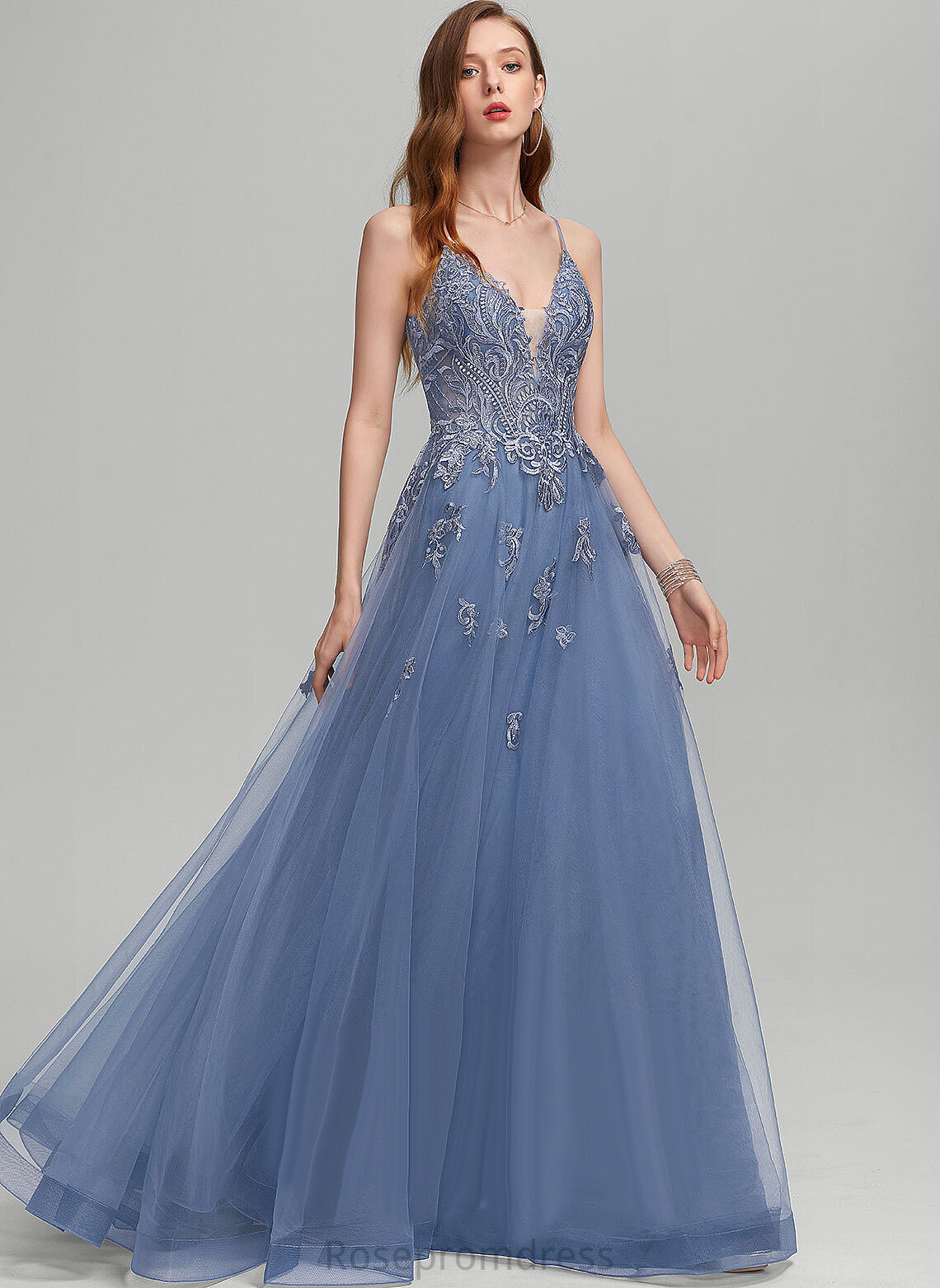 Prom Dresses V-neck Tulle With Sequins A-Line Lace Natasha Floor-Length