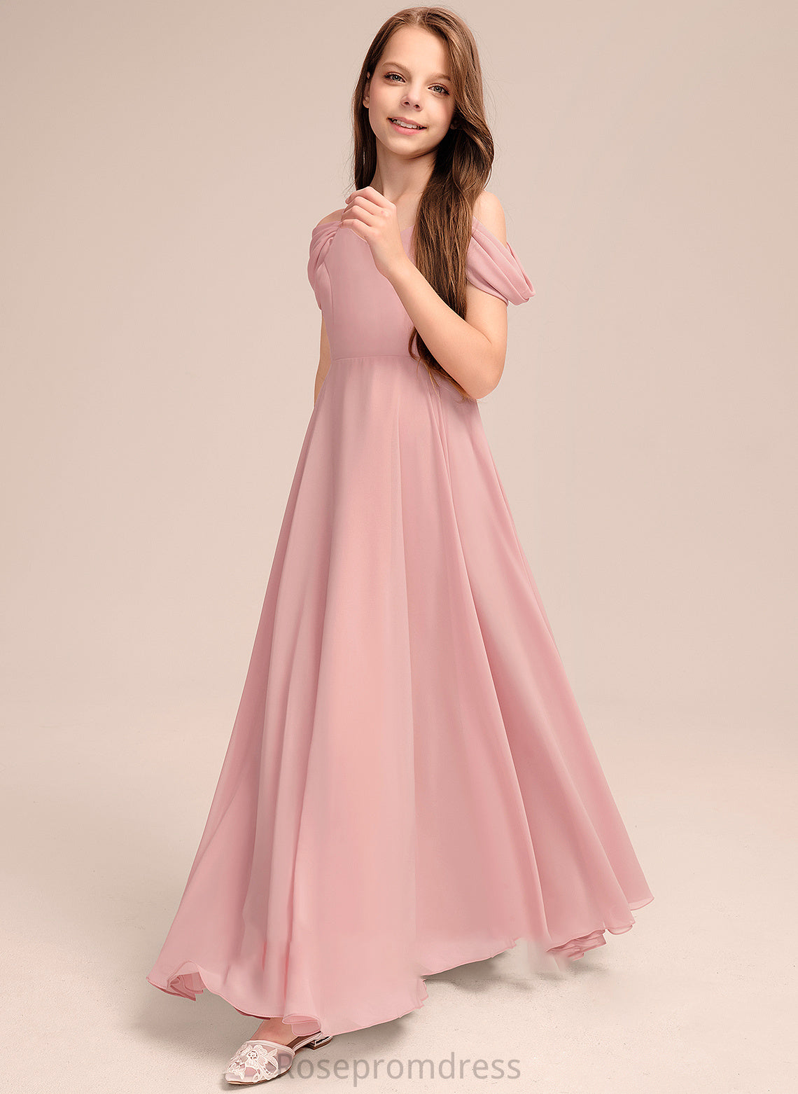 V-neck Floor-Length Angelique A-Line Chiffon Ruffle With Junior Bridesmaid Dresses