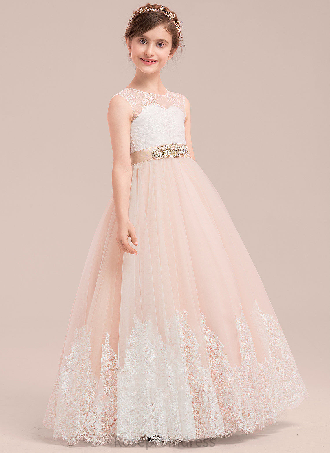 Floor-length Sleeveless Beading Ball-Gown/Princess Flower Girl Dresses Gillian - Flower Girl With Neck Scoop Dress Satin/Tulle/Lace