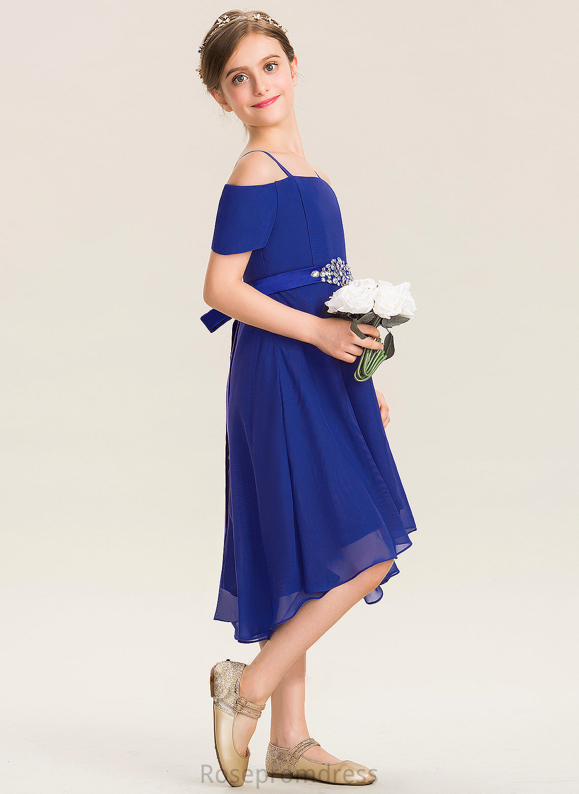 Chiffon A-Line Beading Bow(s) Off-the-Shoulder Junior Bridesmaid Dresses Asymmetrical Lesley With