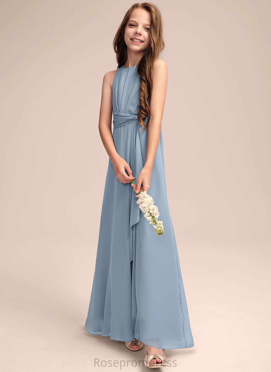 Junior Bridesmaid Dresses A-Line Kiara Neck Floor-Length Scoop Ruffles Cascading With Chiffon