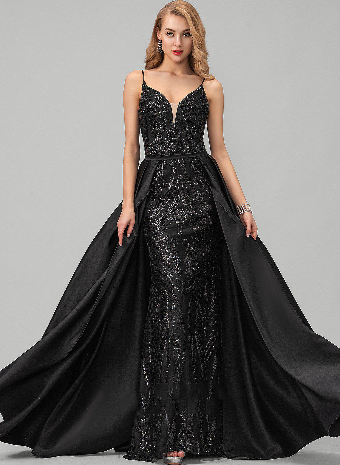 V-neck Satin With Belen Sequins Floor-Length A-Line Prom Dresses