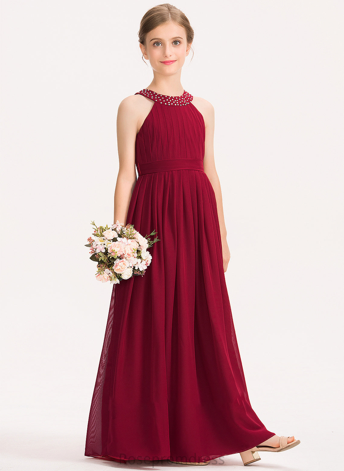 Floor-Length Bow(s) Kassidy With Beading Neck Scoop Ruffle Chiffon Junior Bridesmaid Dresses A-Line