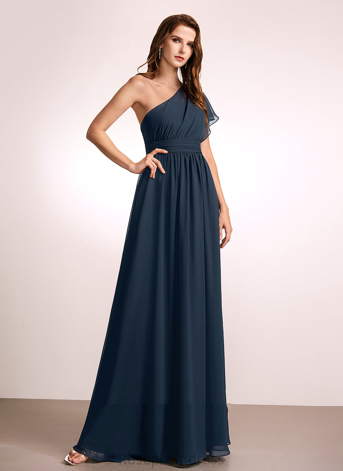 Fabric A-Line Length One-Shoulder Silhouette Ruffle Neckline Floor-Length Embellishment Rosalind Natural Waist Floor Length Bridesmaid Dresses