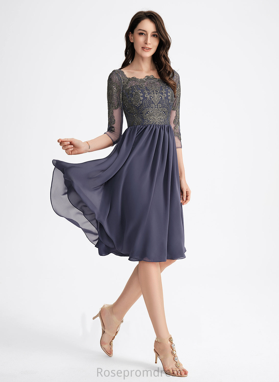 Bryanna With Square Lace Knee-Length Lace Cocktail Neckline Chiffon Dress A-Line Cocktail Dresses