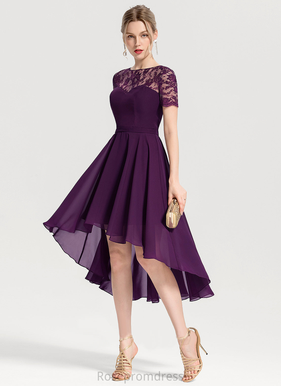 Asymmetrical A-Line Lace Neck Scoop Daphne Homecoming Chiffon Dress Homecoming Dresses With