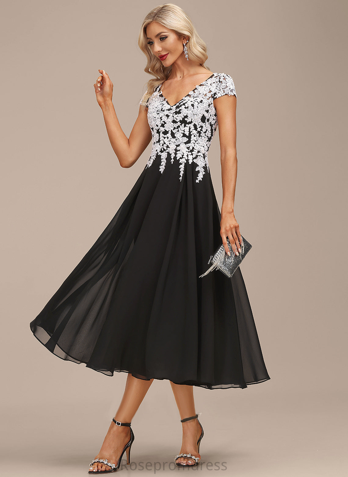 Dress Cocktail Dresses Tea-Length Chiffon A-Line V-neck Cocktail Susanna Lace