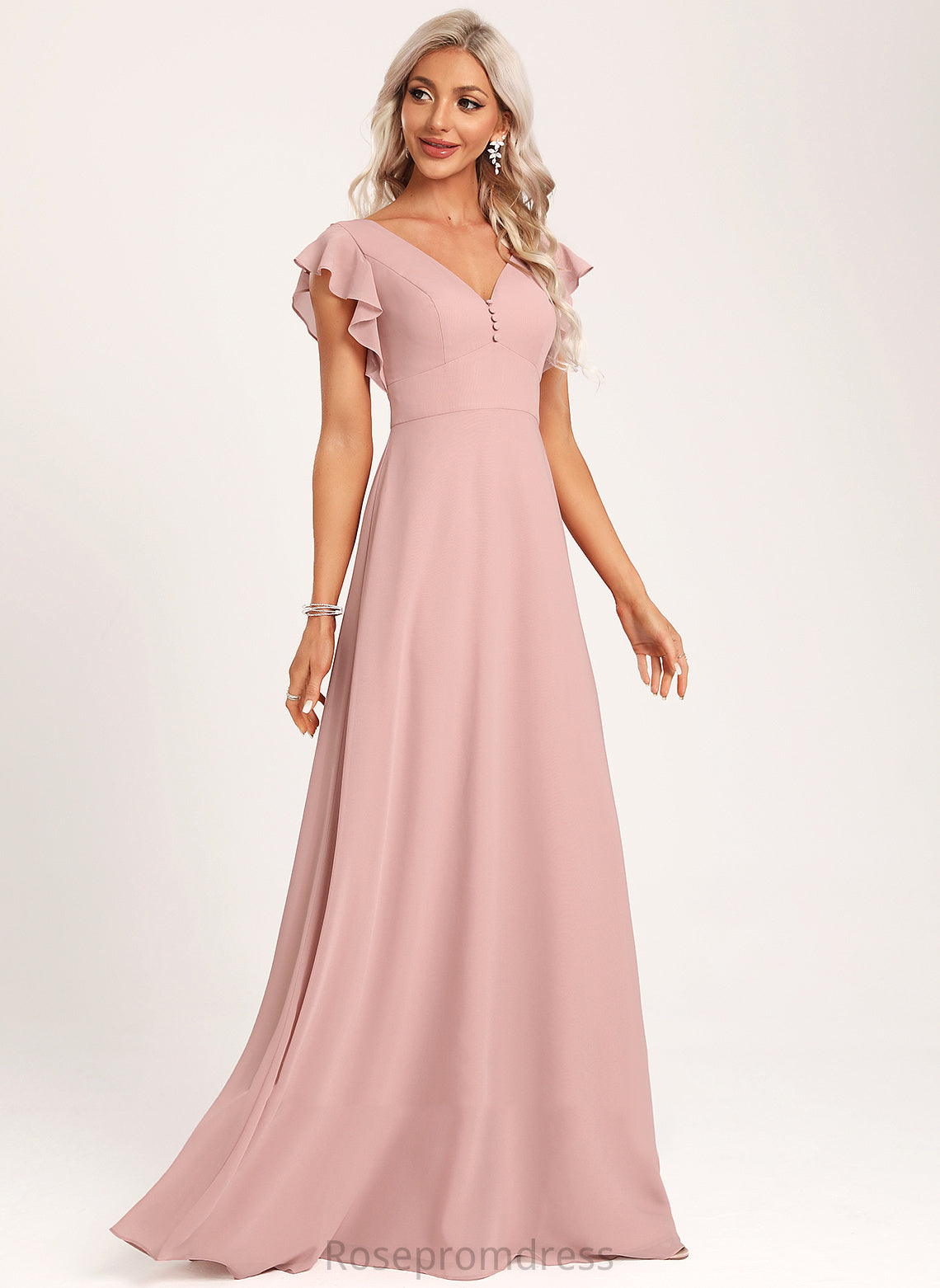 Fabric Floor-Length Length Silhouette Embellishment A-Line V-neck Ruffle Neckline Ivy Bridesmaid Dresses