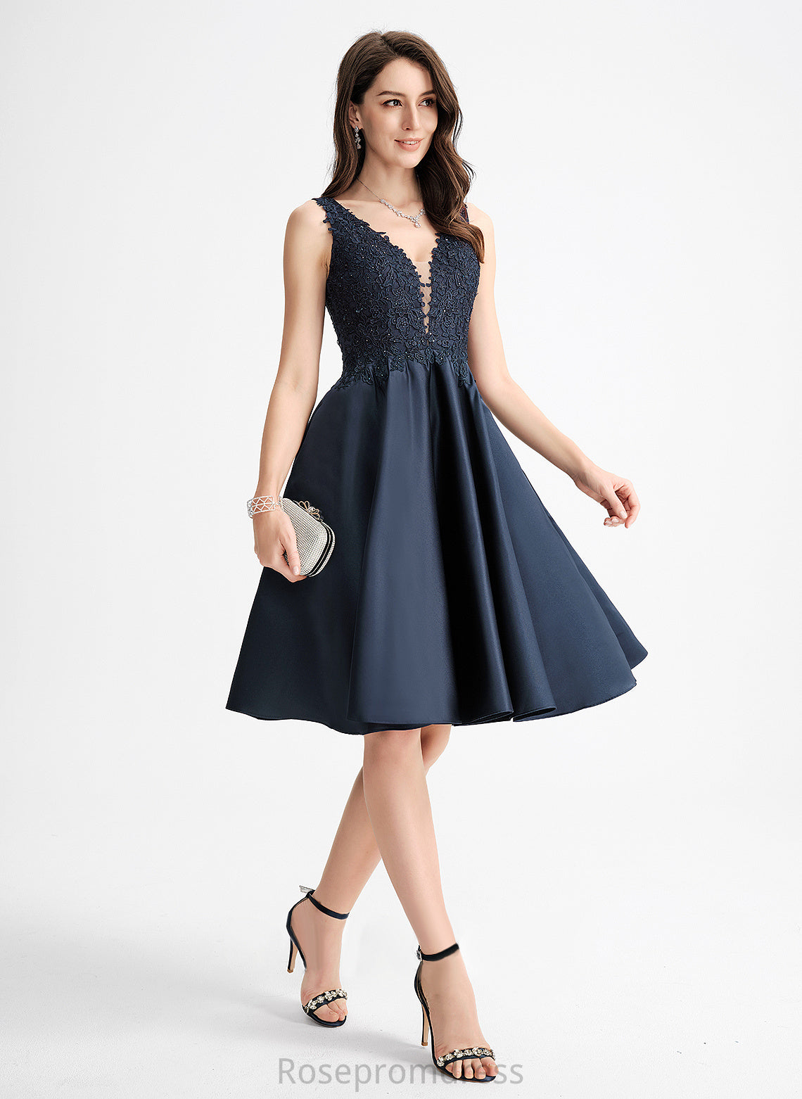 Lace Cocktail Dresses Knee-Length Beading Cocktail With V-neck A-Line Ayanna Dress Satin