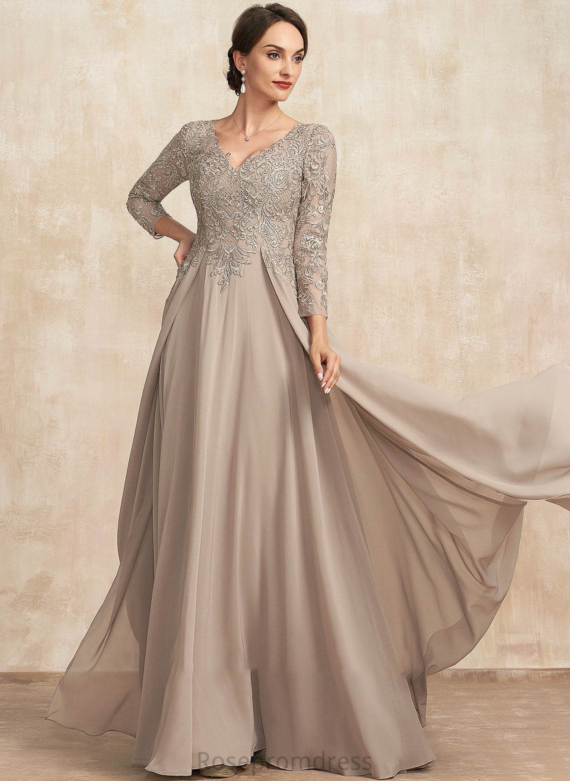 Bride Mother of Chiffon Brylee A-Line Mother of the Bride Dresses the Dress Floor-Length V-neck Lace