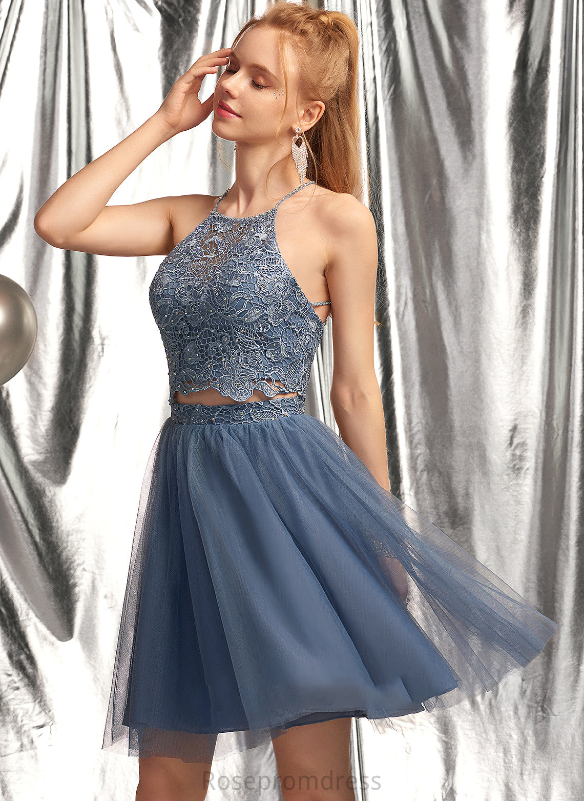 A-Line Tulle Clare Prom Dresses Short/Mini Neck Scoop Sequins With Beading