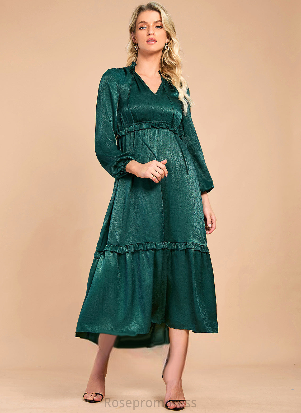 A-line V-Neck Midi Sleeves Elegant Jackie Satin Club Dresses Dresses Long