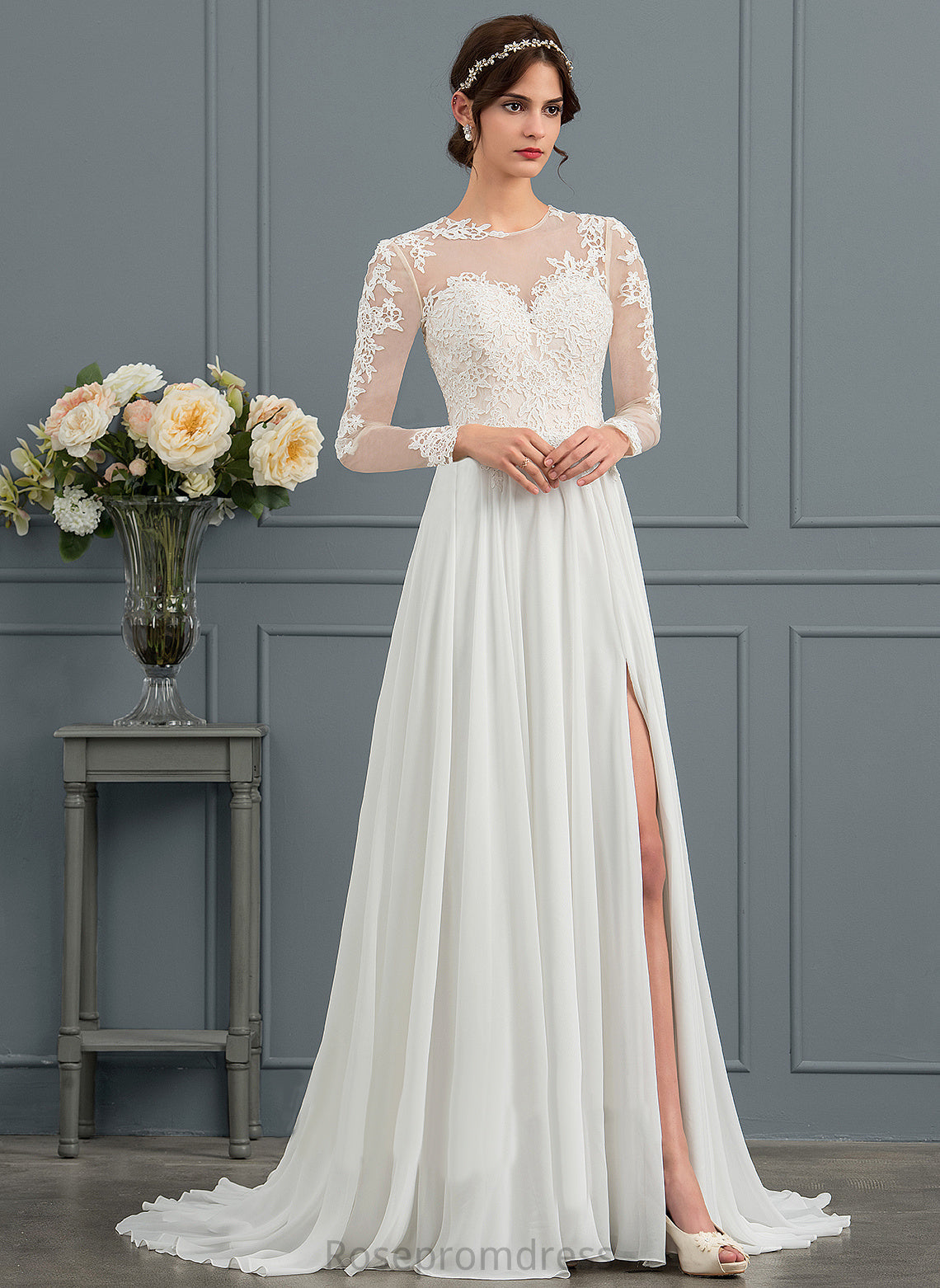 Split Lace Wedding Dresses Appliques Dress Chiffon Tulle Aimee Front Wedding Illusion With A-Line Train Sweep