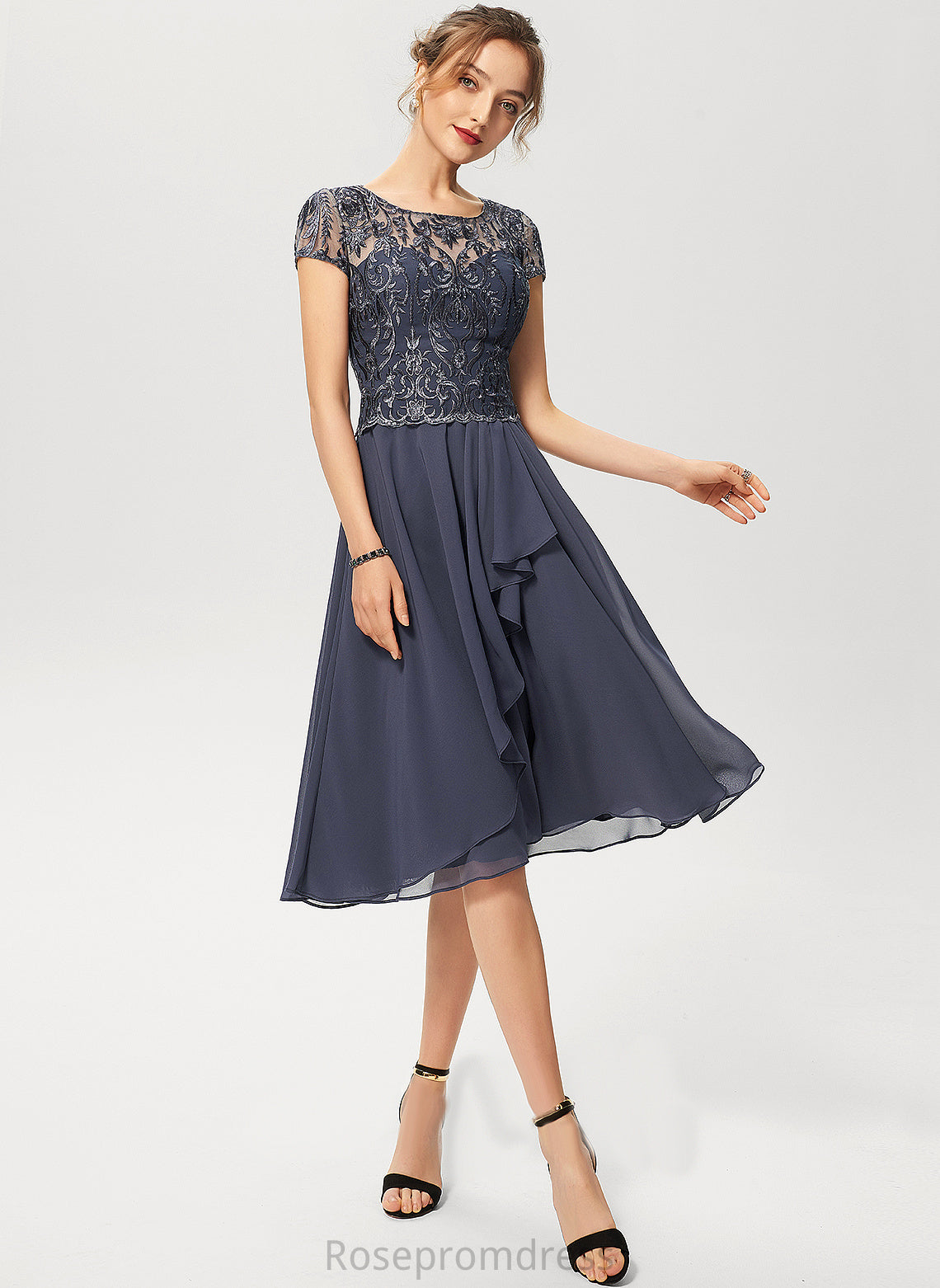 Ruffles Cascading Scoop Lace A-Line With Knee-Length Stacy Cocktail Dresses Chiffon Neck Dress Cocktail